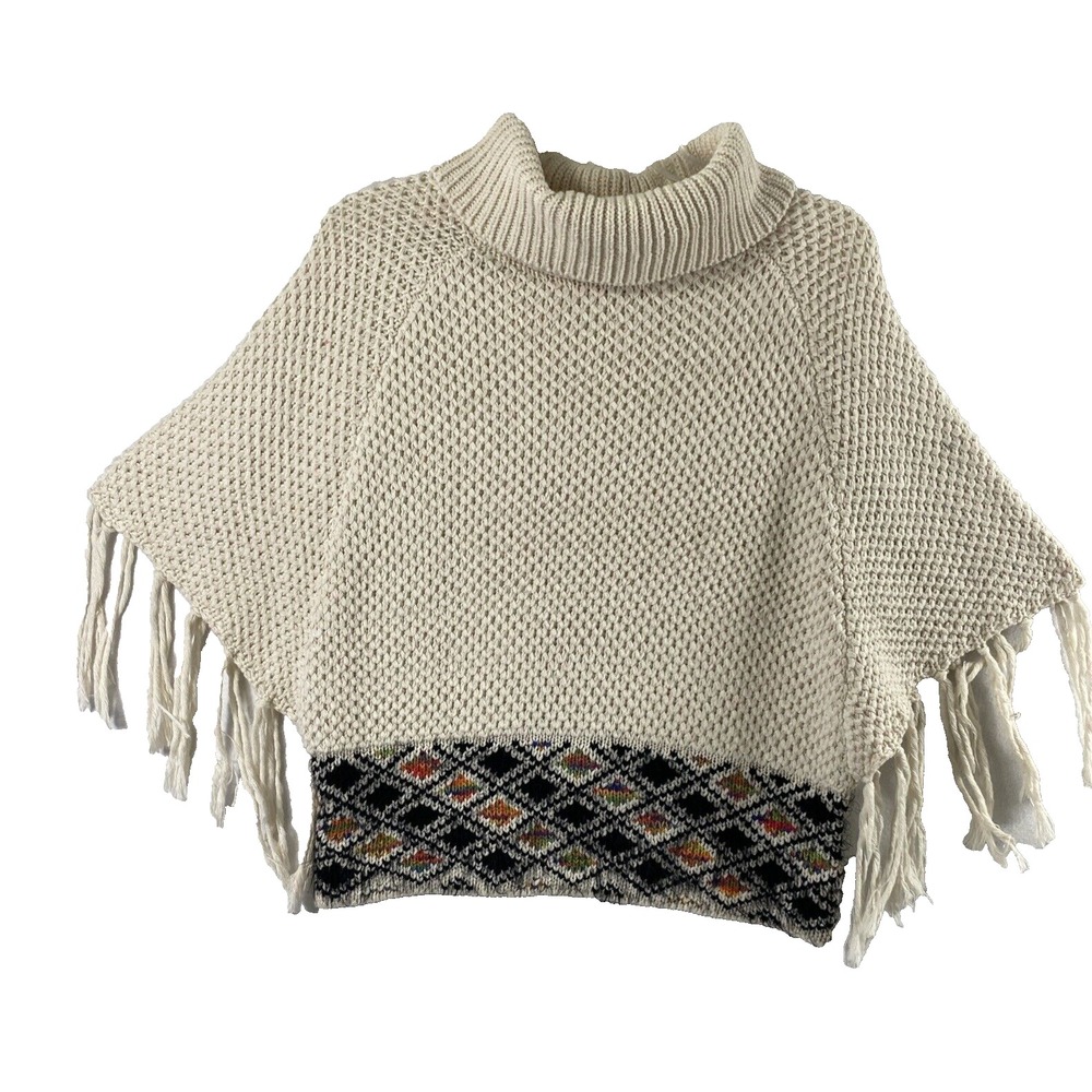 Chelsea & Violet Poncho Women M Cream Geometric Fringe Turtleneck Boho Sweater